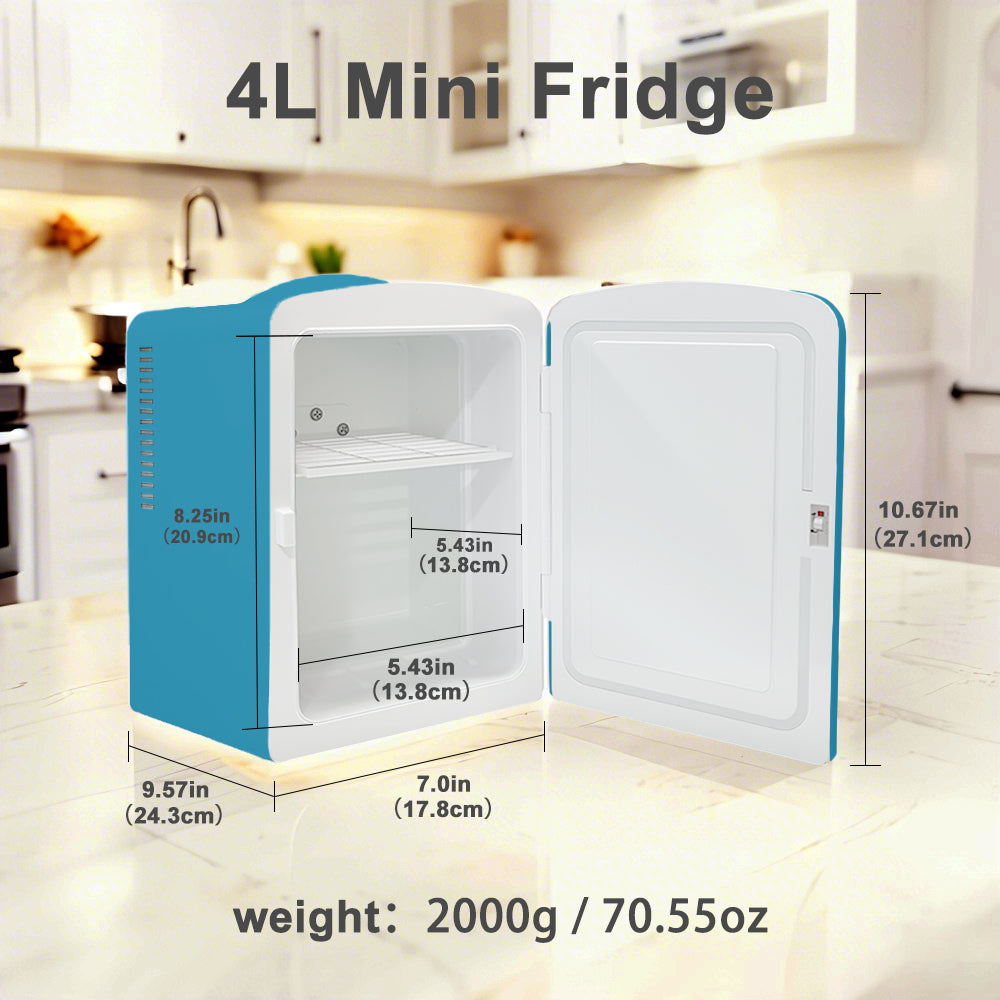 Mini Fridge 4L K4207 Cyan, 4 Liter/6 Can Portable Cooler Personal Refrigerator for Skin Care, Cosmetics, Beverage, Food,100% Freon-Free Eco Friendly for Bedroom, Office, Dorm