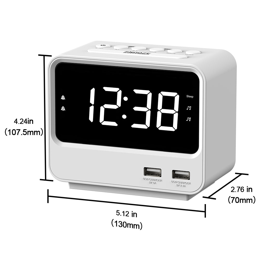 Alarm Clock Radio for Bedrooms with Two USB Charging Port, Large Numbers with adjustable Brightness, Bedside Digital FM Radio with Sleep Timer, Adjustable Volume, Snooze for White Led Digital Clock iTOMA A23