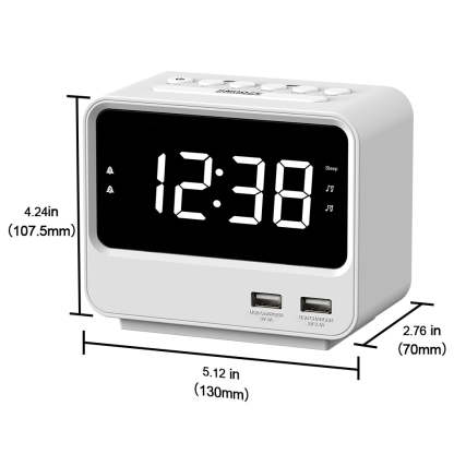 Alarm Clock Radio for Bedrooms with Two USB Charging Port, Large Numbers with adjustable Brightness, Bedside Digital FM Radio with Sleep Timer, Adjustable Volume, Snooze for White Led Digital Clock iTOMA A23