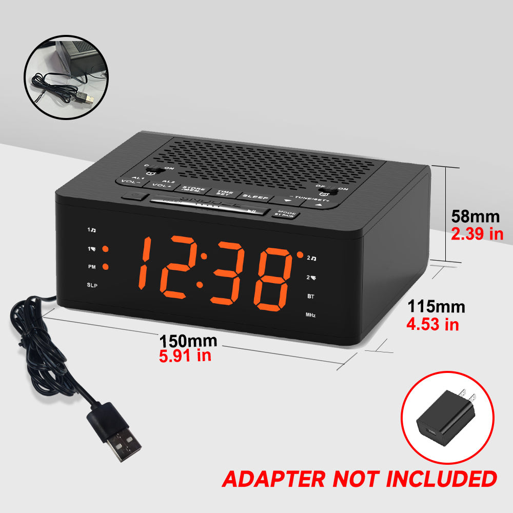 Bedroom Digital Alarm clock with FM radio, Bluetooth, Dimmable LED display screen, sleep timer, adjustable volume, dual alarm clock with on/off button, bedside alarm clock for adults, the elderly and children iTOMA 515
