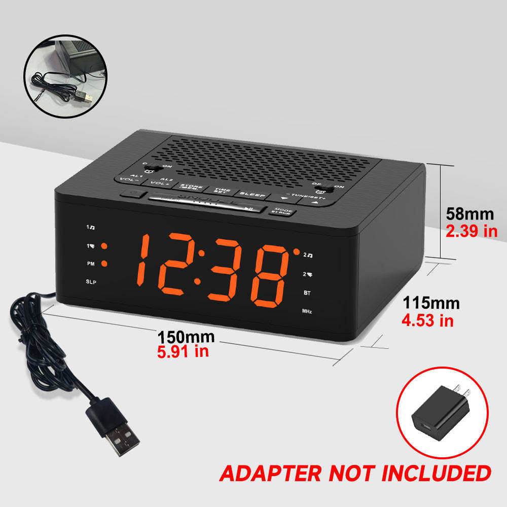 Bedroom Digital Alarm clock with FM radio, Bluetooth, Dimmable LED display screen, sleep timer, adjustable volume, dual alarm clock with on/off button, bedside alarm clock for adults, the elderly and children iTOMA 515