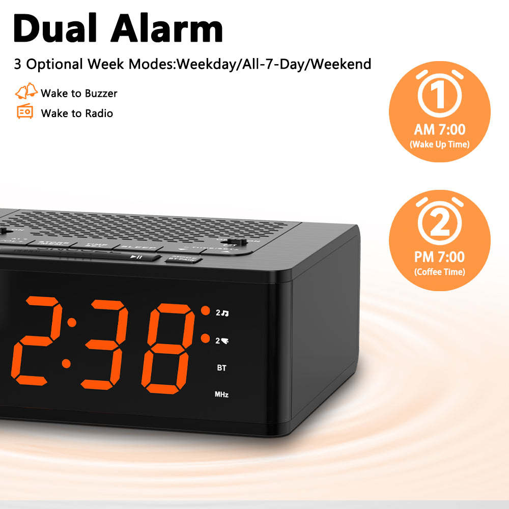 Bedroom Digital Alarm clock with FM radio, Bluetooth, Dimmable LED display screen, sleep timer, adjustable volume, dual alarm clock with on/off button, bedside alarm clock for adults, the elderly and children iTOMA 515