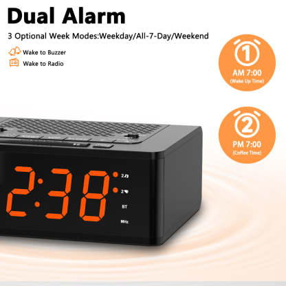 Bedroom Digital Alarm clock with FM radio, Bluetooth, Dimmable LED display screen, sleep timer, adjustable volume, dual alarm clock with on/off button, bedside alarm clock for adults, the elderly and children iTOMA 515
