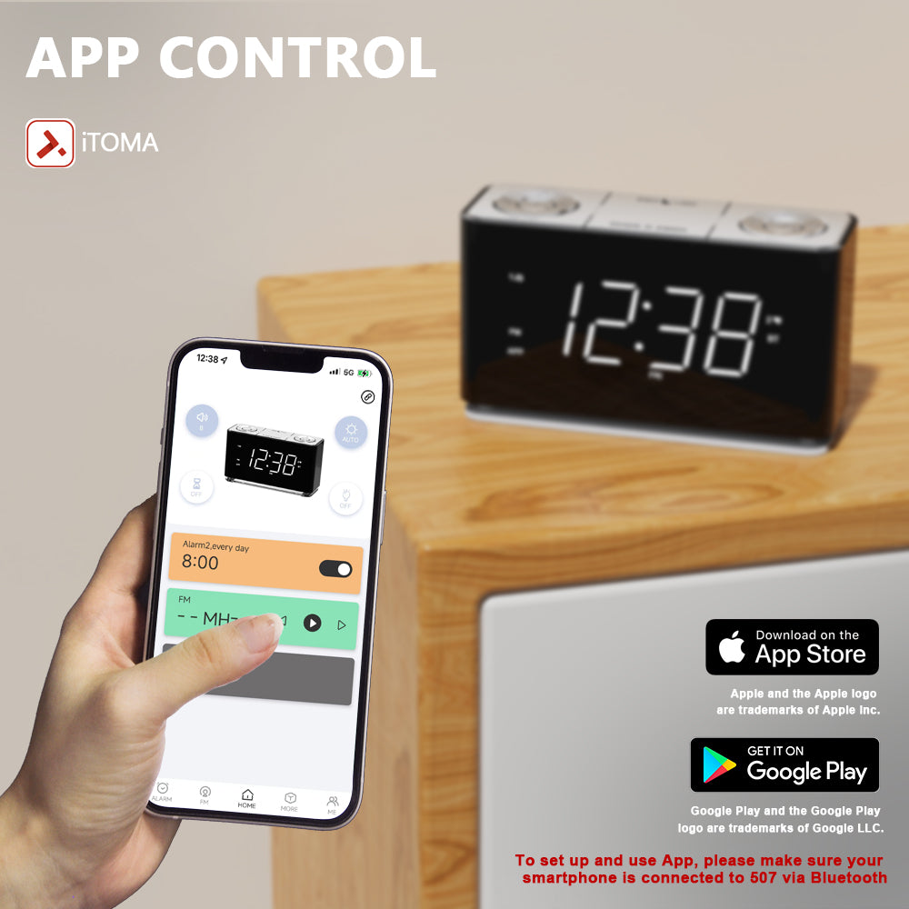Creative Digital Clock Radio, Bluetooth Alarm Clock, Large LED Display Screen, FM Radio, Dual Alarm Clock, USB Charging Interface, Night Light, Automatic and Manual Dimming, Snooze, Sleep Timer,APP Control, iTOMA 507A
