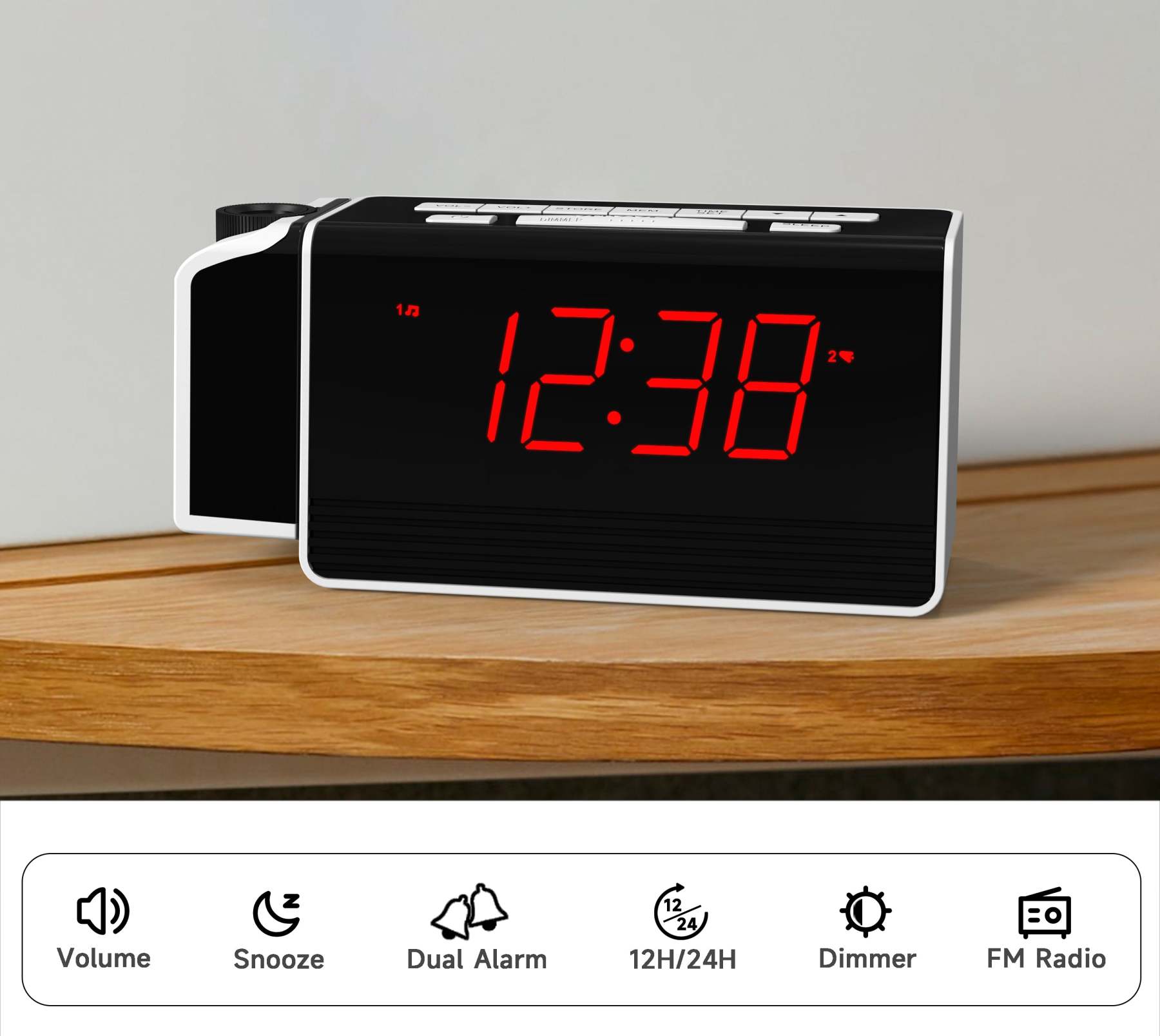 Digital iTOMA Projection Alarm Clock for Bedroom with 180° Rotatable Projector, FM Radio, Red LED Display, 4-Level Brightness Dimmer, Dual Alarm, Snooze,12/24H 512