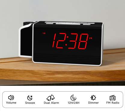 Digital iTOMA Projection Alarm Clock for Bedroom with 180° Rotatable Projector, FM Radio, Red LED Display, 4-Level Brightness Dimmer, Dual Alarm, Snooze,12/24H 512