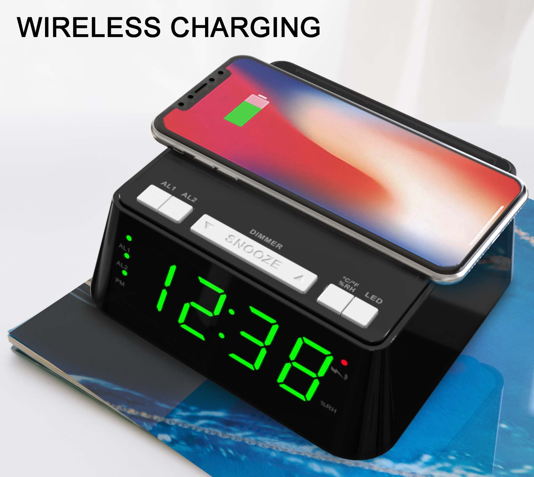 Bedside Alarm Clock with Wireless Charging, Dual Alarm, Snooze, Bright