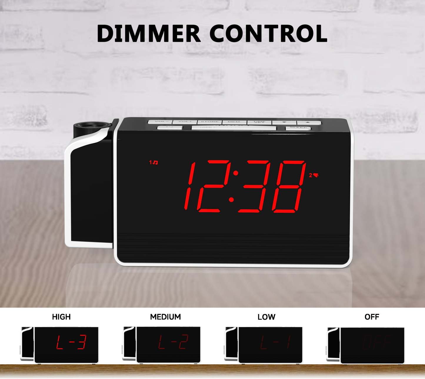 Digital iTOMA Projection Alarm Clock for Bedroom with 180° Rotatable Projector, FM Radio, Red LED Display, 4-Level Brightness Dimmer, Dual Alarm, Snooze,12/24H 512