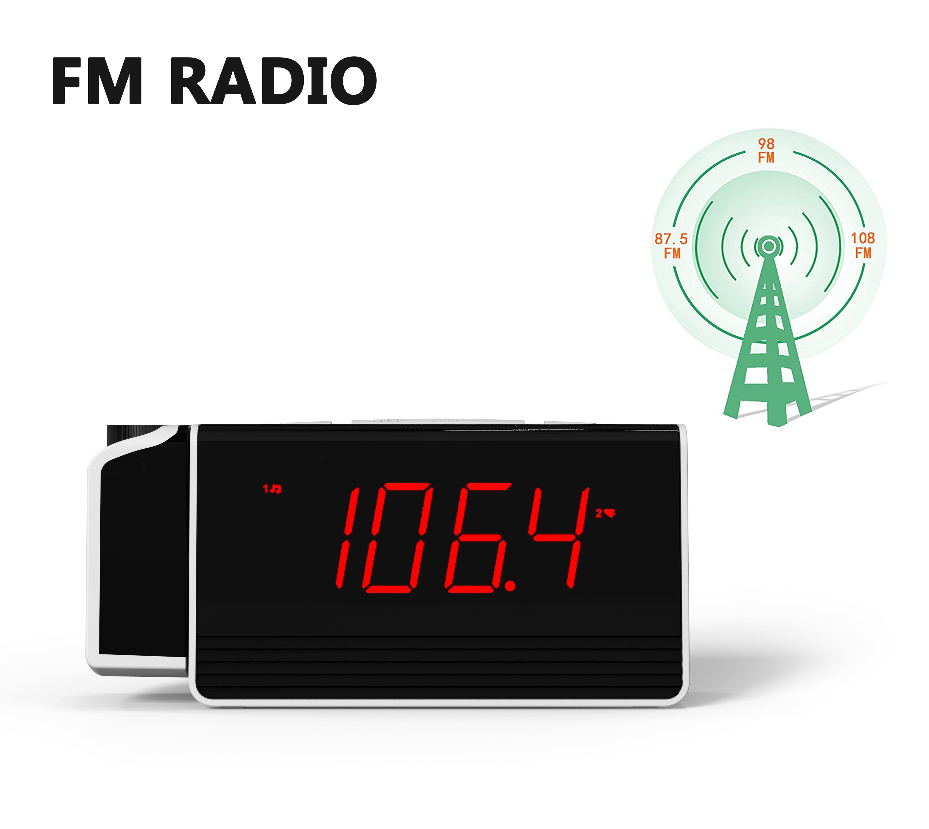 Digital iTOMA Projection Alarm Clock for Bedroom with 180° Rotatable Projector, FM Radio, Red LED Display, 4-Level Brightness Dimmer, Dual Alarm, Snooze,12/24H 512