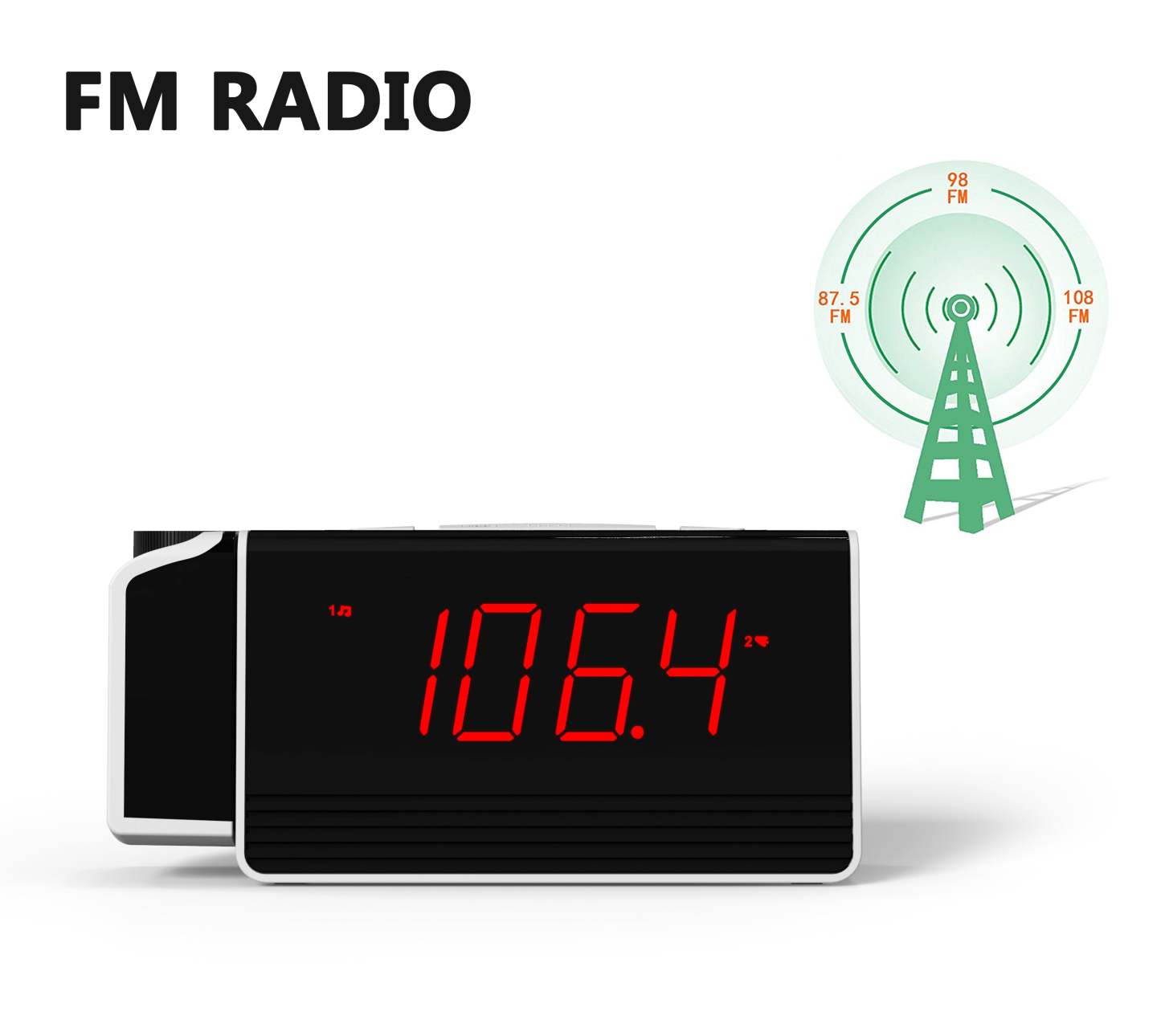 Digital iTOMA Projection Alarm Clock for Bedroom with 180° Rotatable Projector, FM Radio, Red LED Display, 4-Level Brightness Dimmer, Dual Alarm, Snooze,12/24H 512