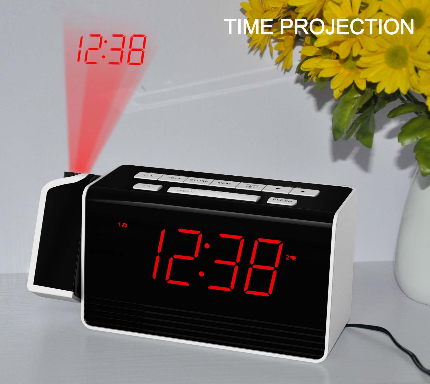 Digital iTOMA Projection Alarm Clock for Bedroom with 180° Rotatable Projector, FM Radio, Red LED Display, 4-Level Brightness Dimmer, Dual Alarm, Snooze,12/24H 512
