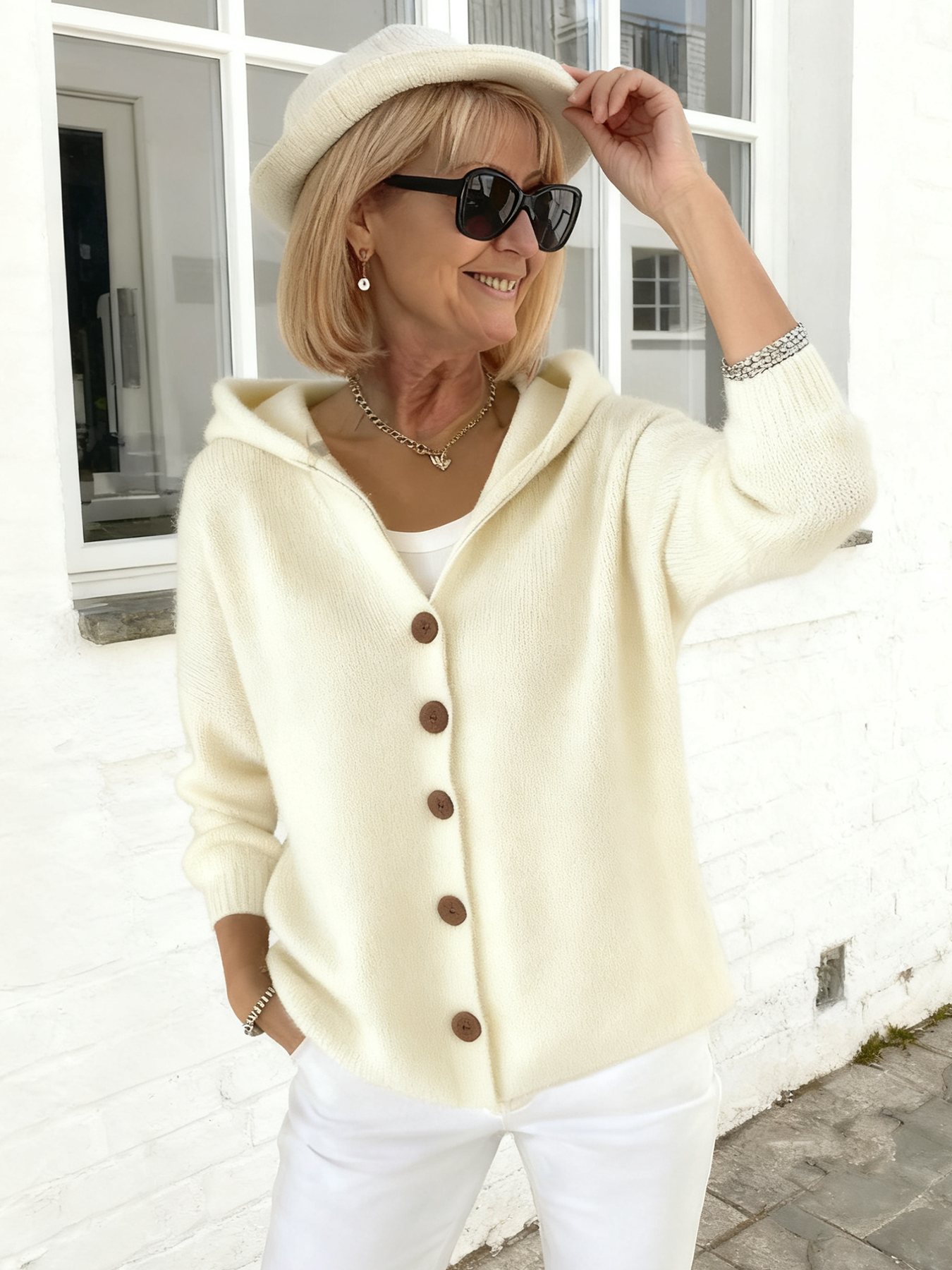 Button Knitted Hooded Sweater Cardigan Jacket Solid Color Casual Fashion Women's Clothing