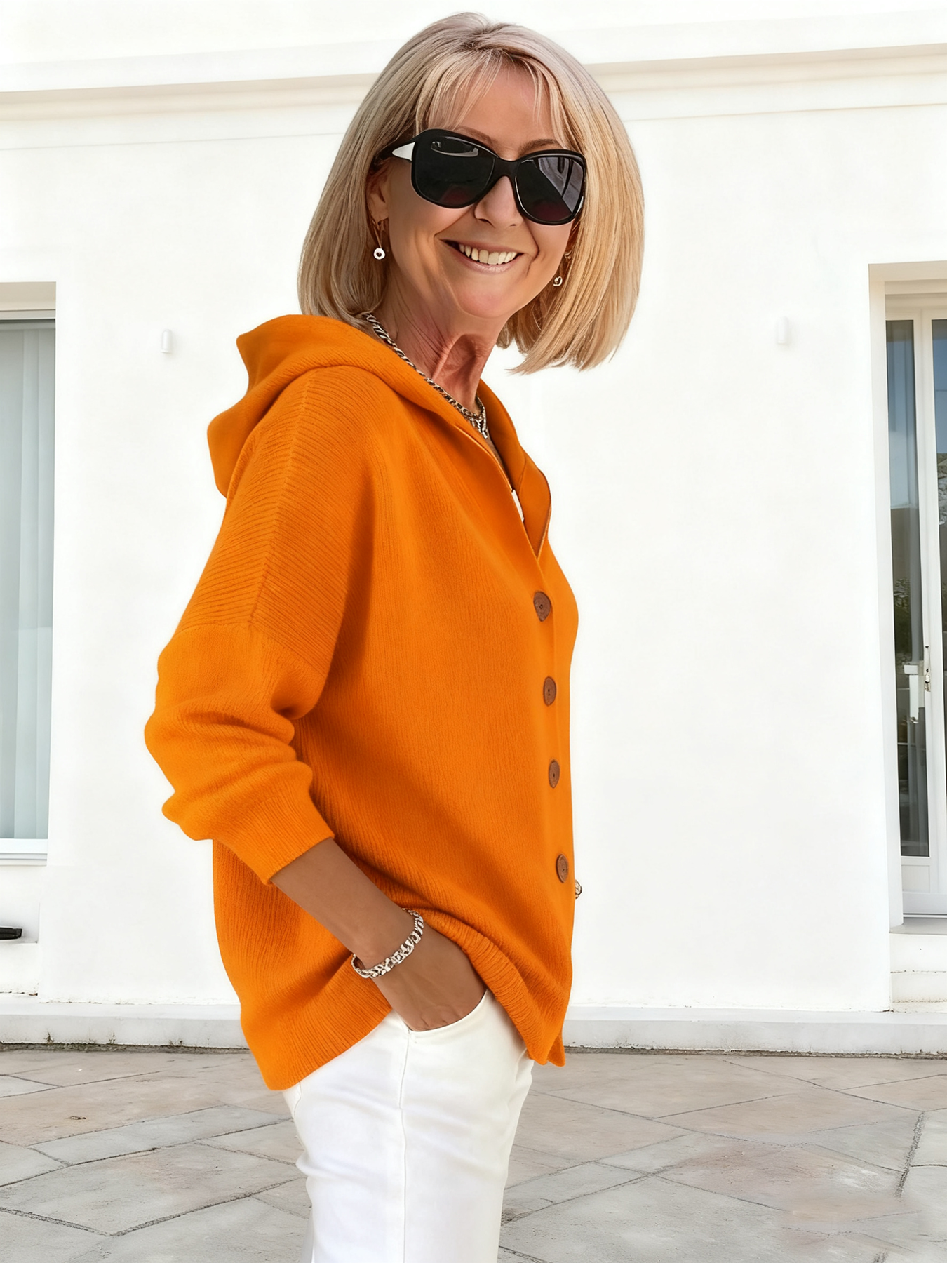 Button Knitted Hooded Sweater Cardigan Jacket Solid Color Casual Fashion Women's Clothing