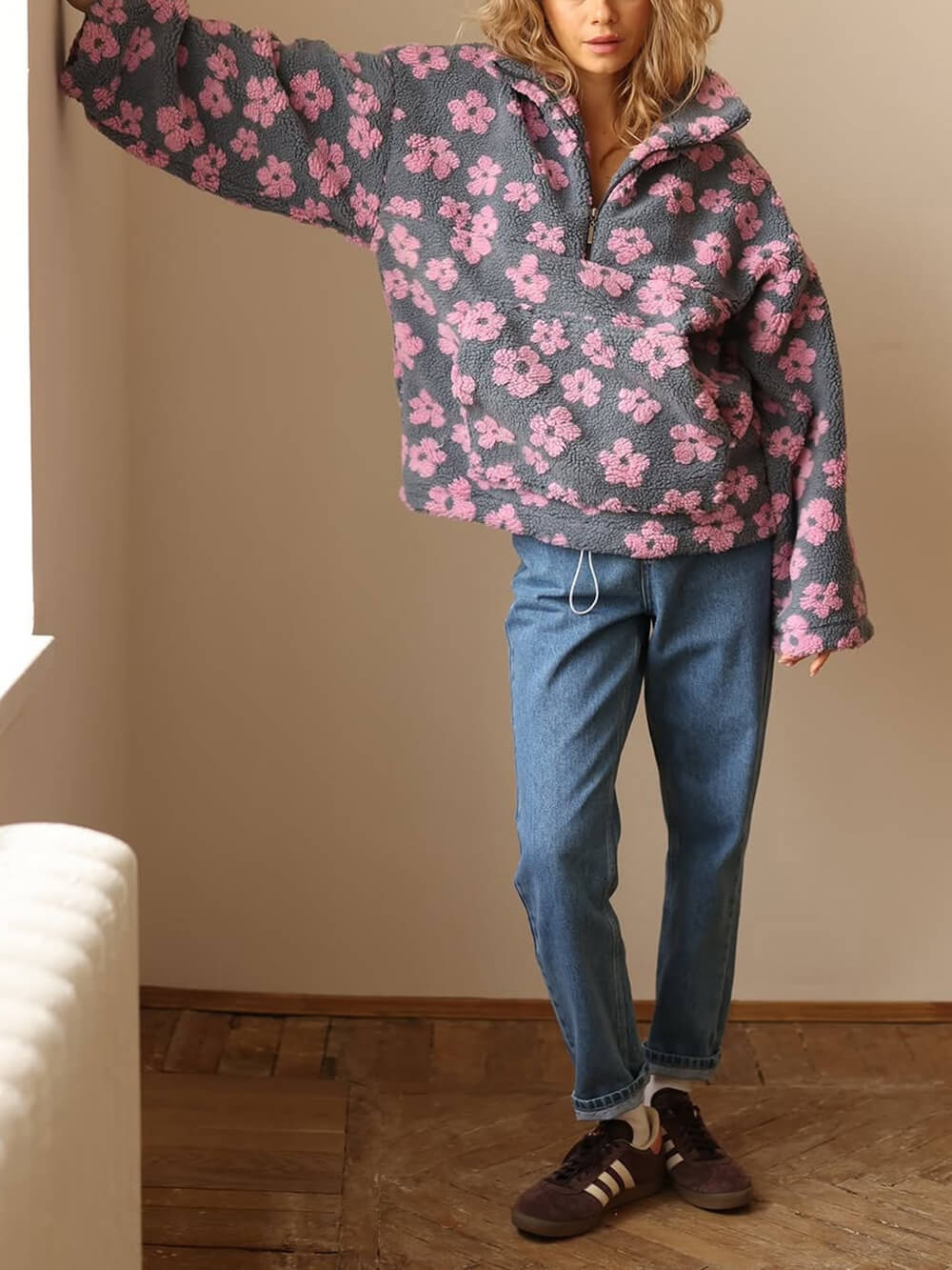 Fashion Printed Faux Shearling Zip-Up Sweatshirt