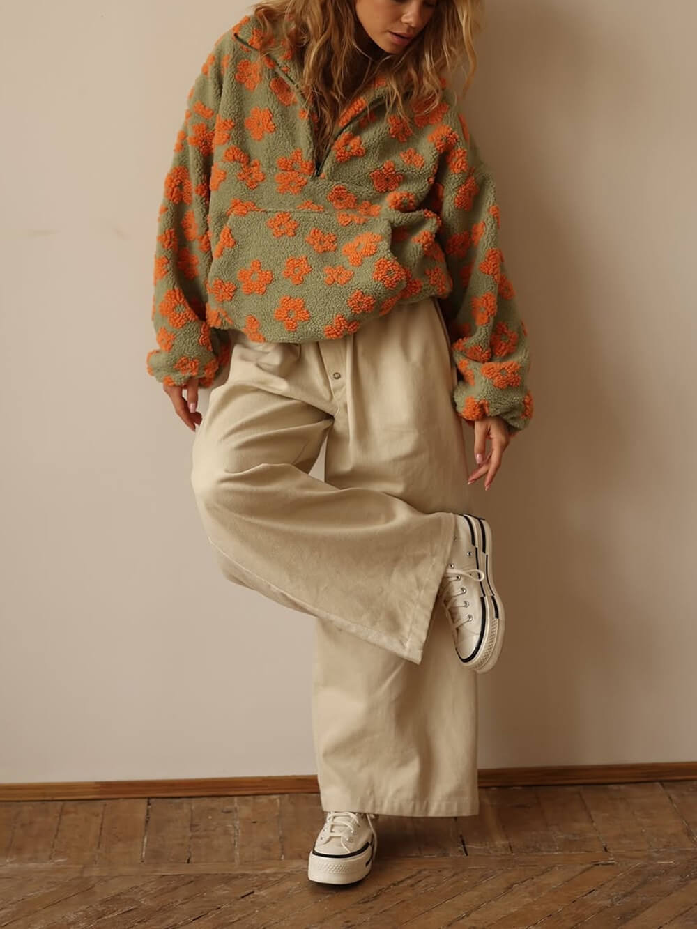 Fashion Printed Faux Shearling Zip-Up Sweatshirt