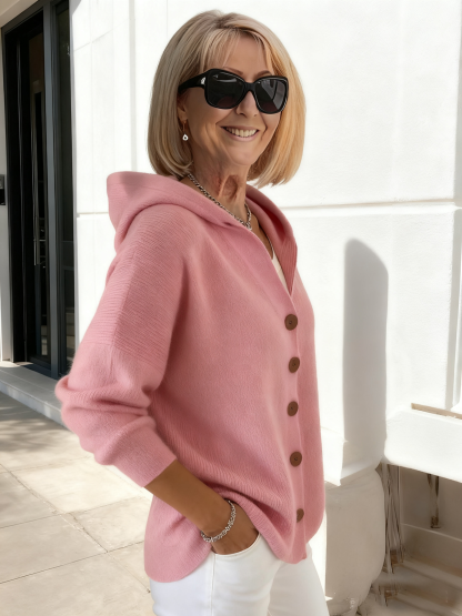 Button Knitted Hooded Sweater Cardigan Jacket Solid Color Casual Fashion Women's Clothing