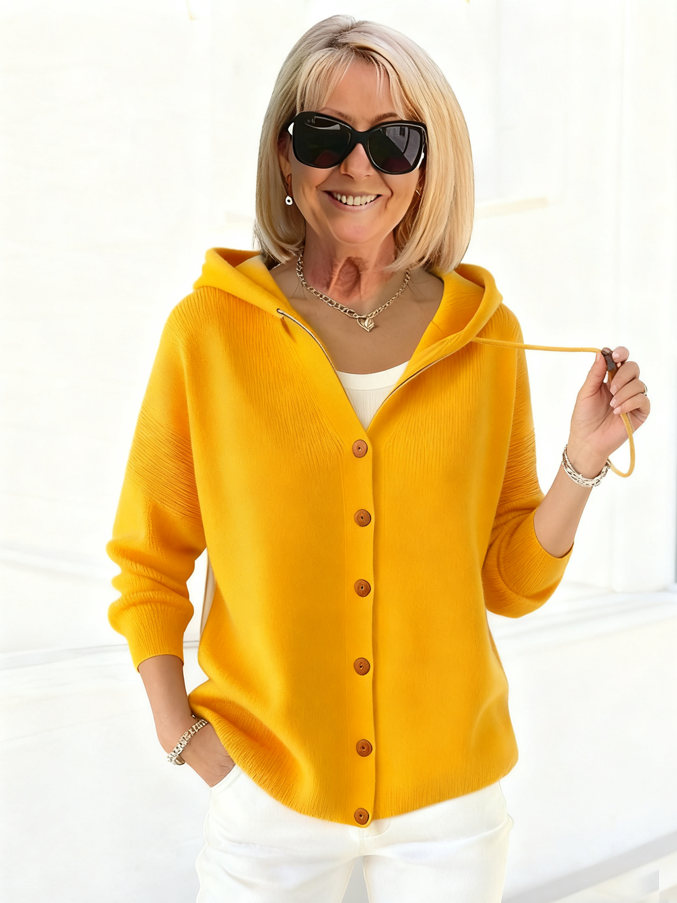 Button Knitted Hooded Sweater Cardigan Jacket Solid Color Casual Fashion Women's Clothing