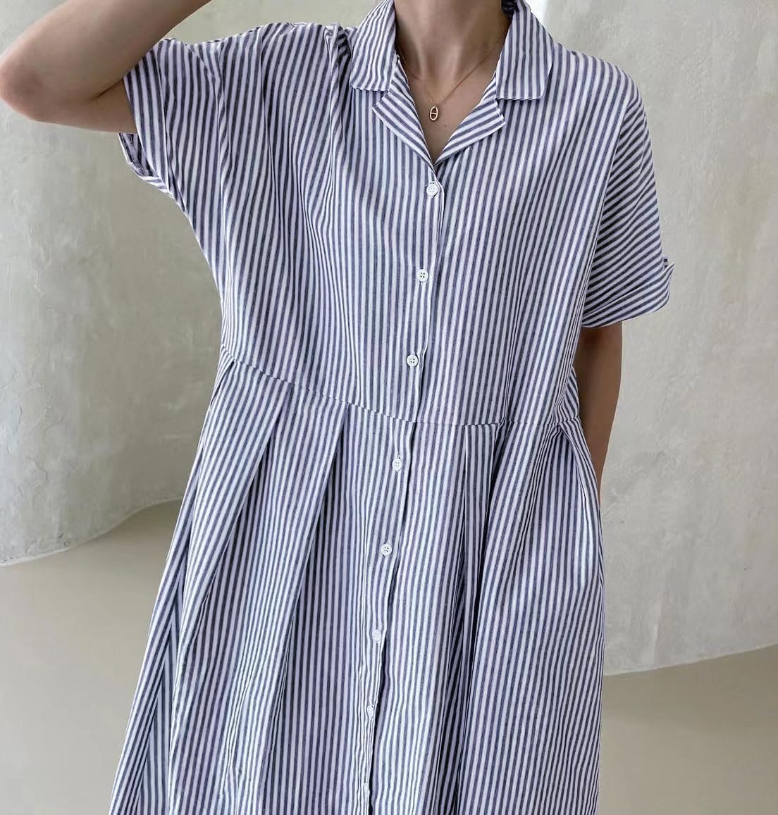 Women's Cotton Striped Shirt Dress Button Up Short Sleeve Midi Long Shift Dress with Pockets(Buy 2 free shipping)