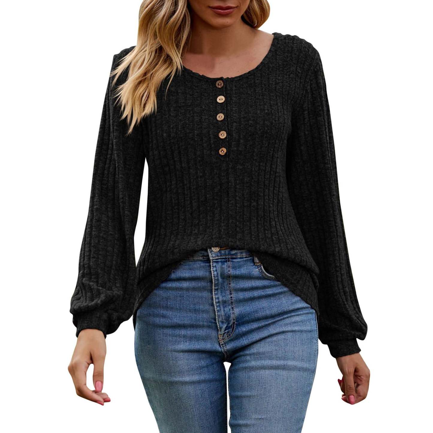 Women's Fall Button Scoop Neck Puff Long Sleeve Henley Shirts