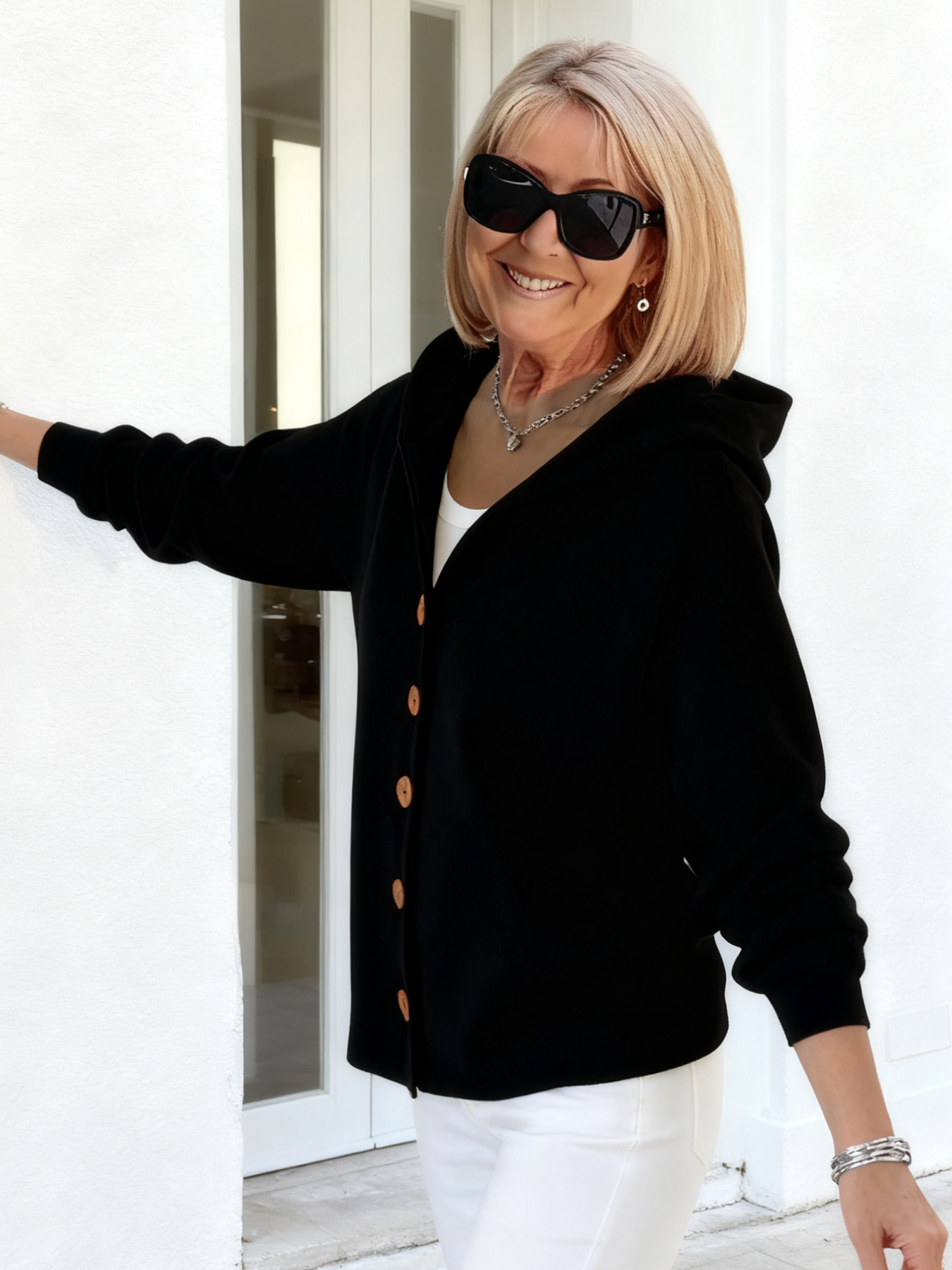 Button Knitted Hooded Sweater Cardigan Jacket Solid Color Casual Fashion Women's Clothing