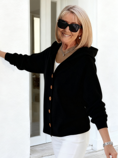 Button Knitted Hooded Sweater Cardigan Jacket Solid Color Casual Fashion Women's Clothing