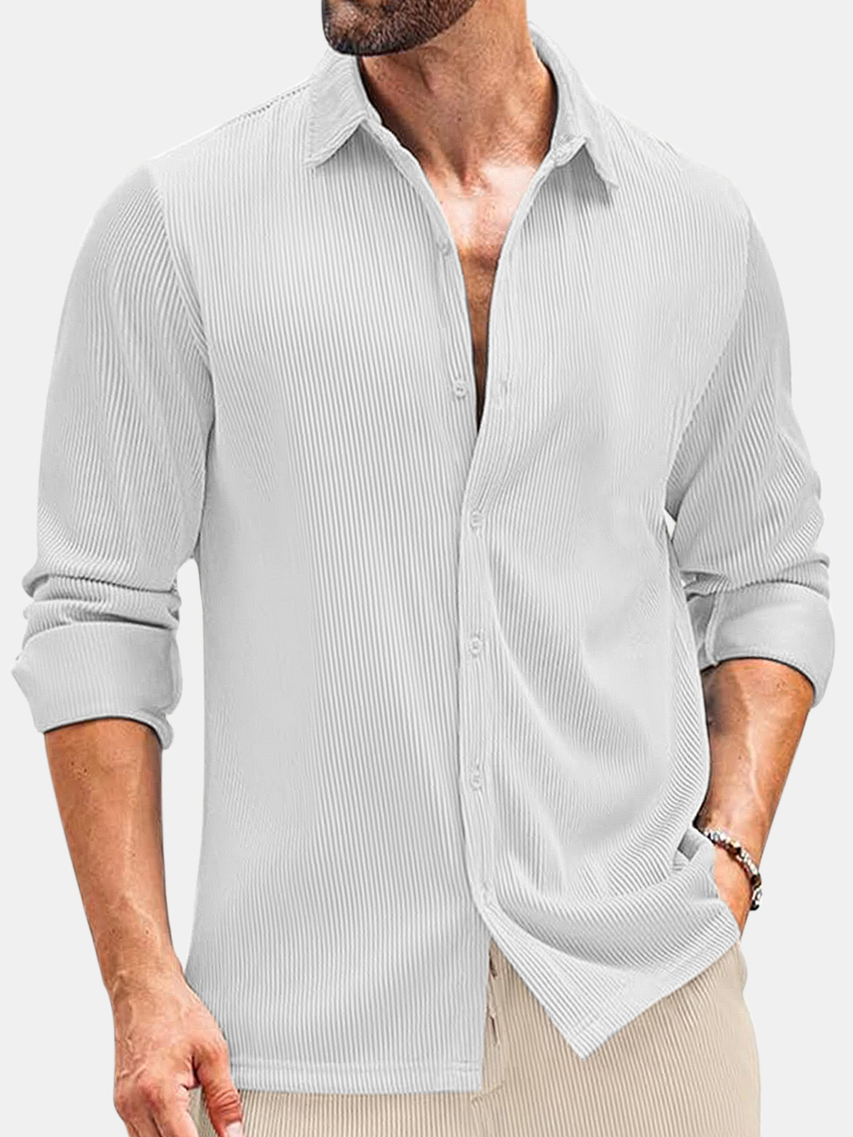 Men's Comfortable Solid Color Vertical Stripe Casual Long-sleeved Shirt