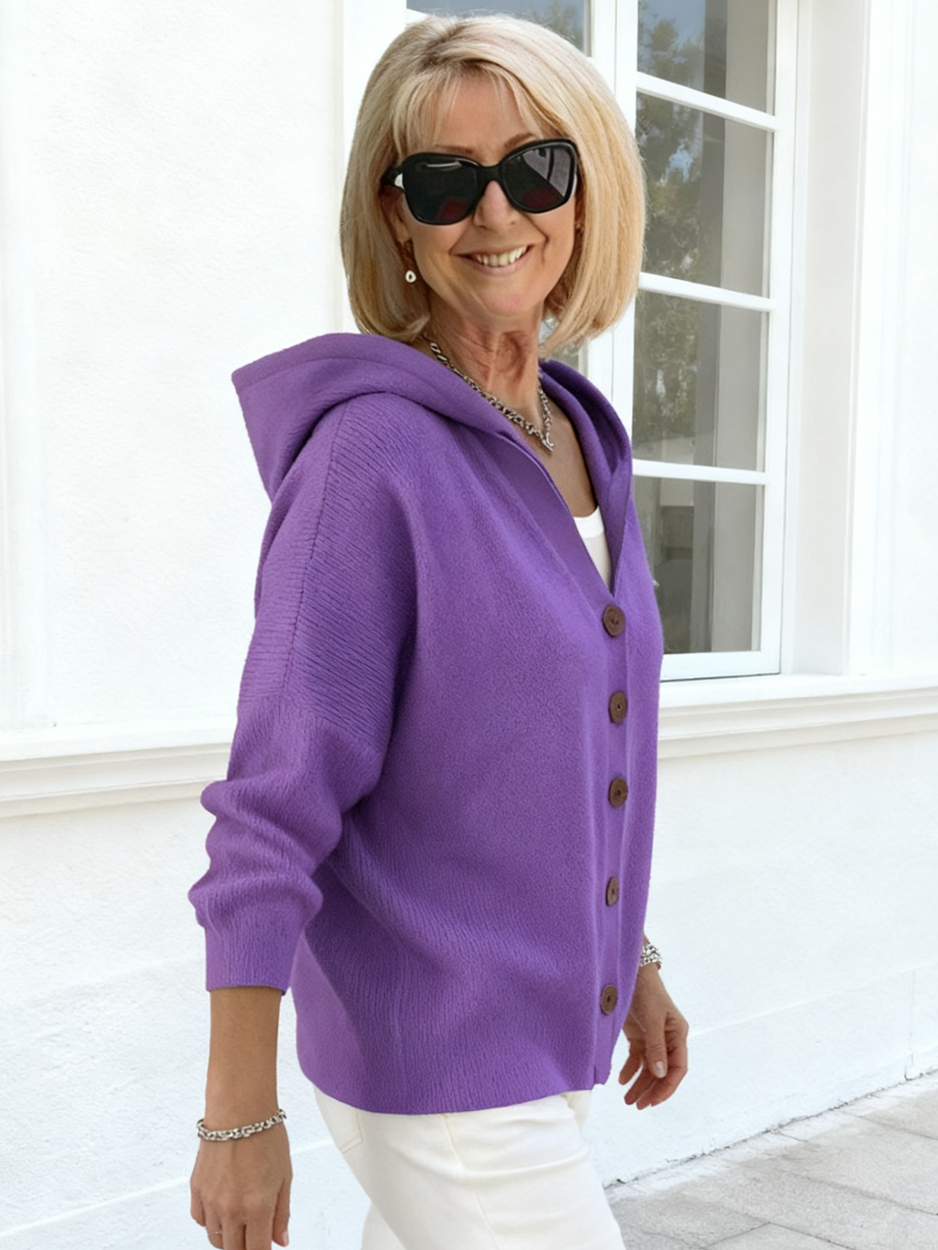 Button Knitted Hooded Sweater Cardigan Jacket Solid Color Casual Fashion Women's Clothing