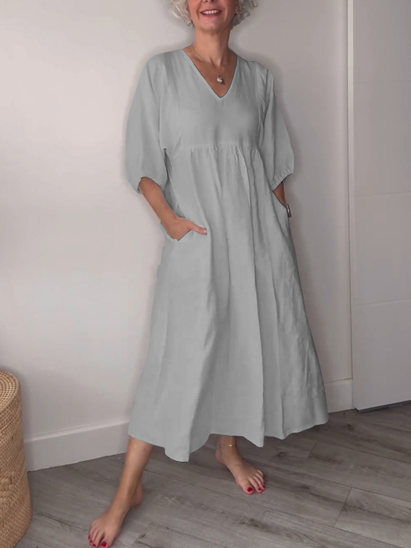 🔥Clearance Sale🔥 Women's Casual Fashion V-Neck Solid Color Mid-Length Sleeve Dress