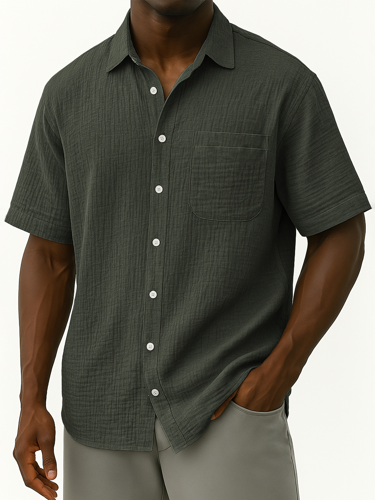 Men's Comfortable Crepe Loose Casual Vacation Short Sleeve Shirt with Chest Pocket