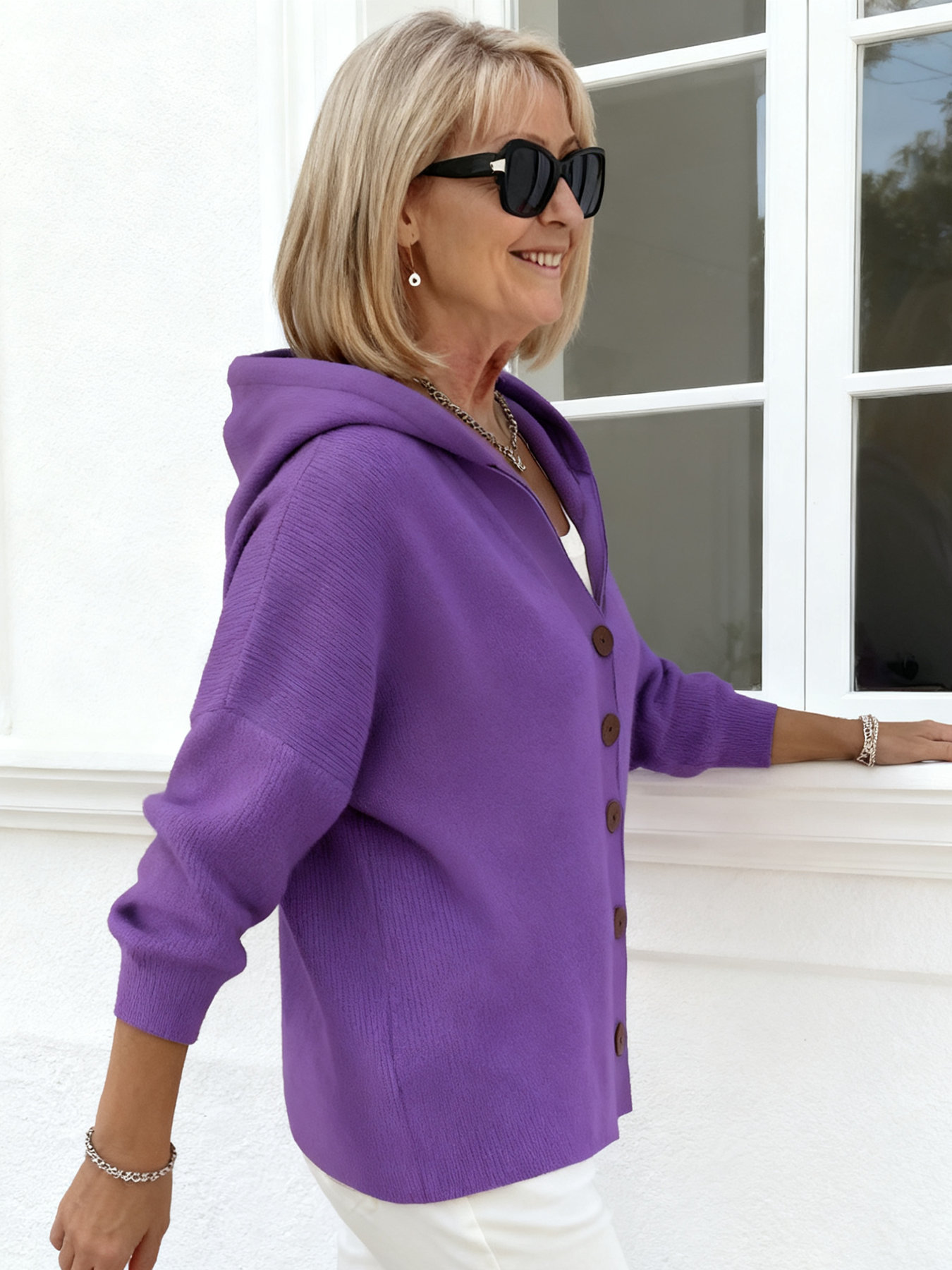 Button Knitted Hooded Sweater Cardigan Jacket Solid Color Casual Fashion Women's Clothing