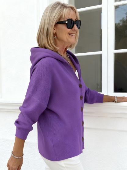 Button Knitted Hooded Sweater Cardigan Jacket Solid Color Casual Fashion Women's Clothing