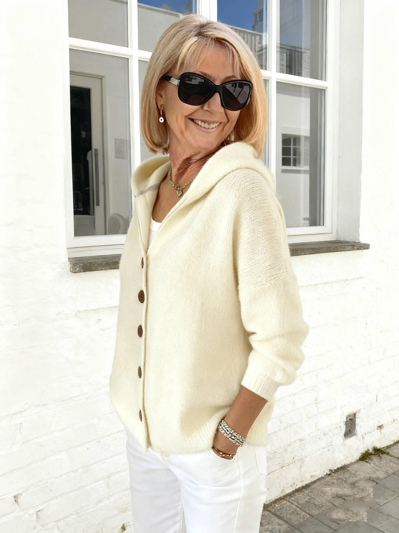 Button Knitted Hooded Sweater Cardigan Jacket Solid Color Casual Fashion Women's Clothing