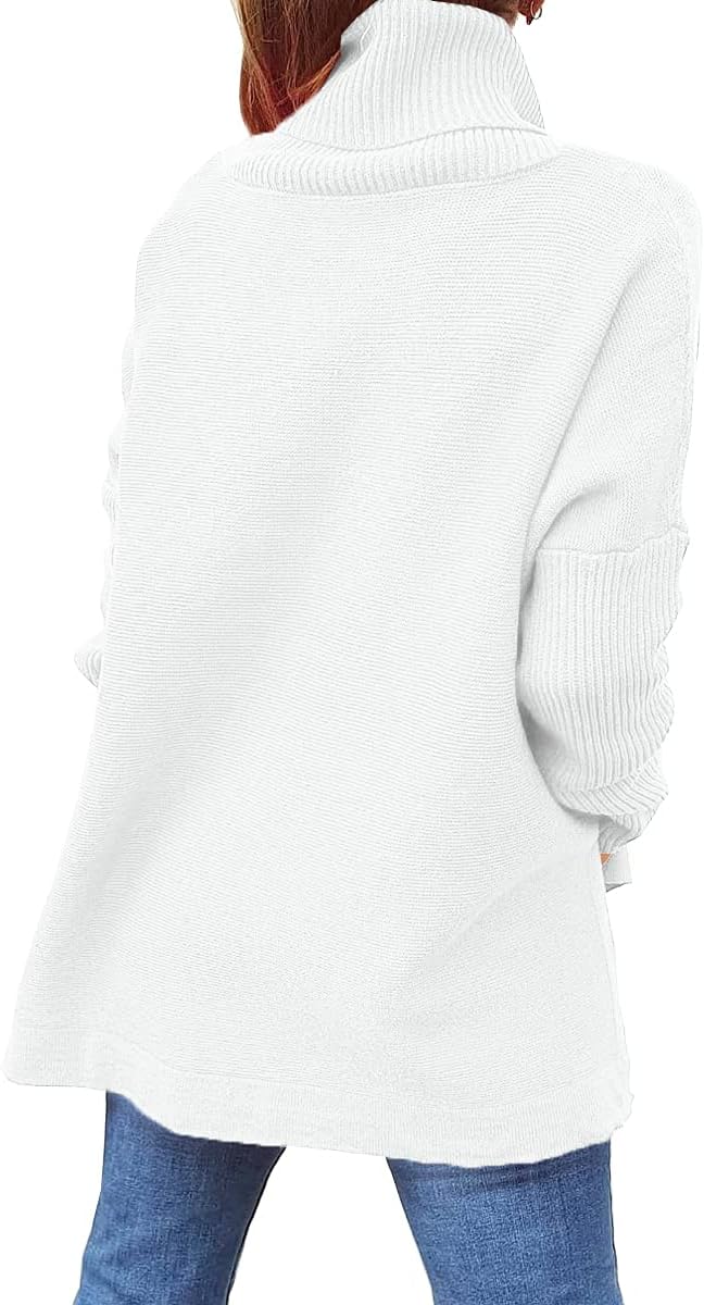 Women's Turtleneck Oversized Sweaters Long Batwing Sleeve Spilt Hem Tunic Pullover Knit Tops