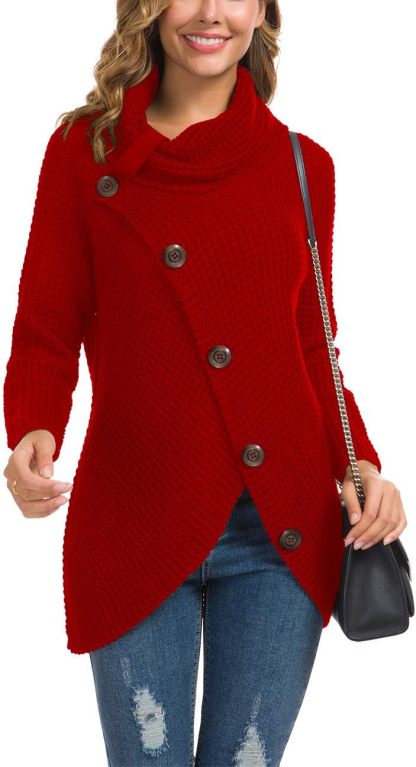 Women's Chunky Turtleneck Long Sleeve Asymmetric Hem Loose Knit Pullover Sweaters