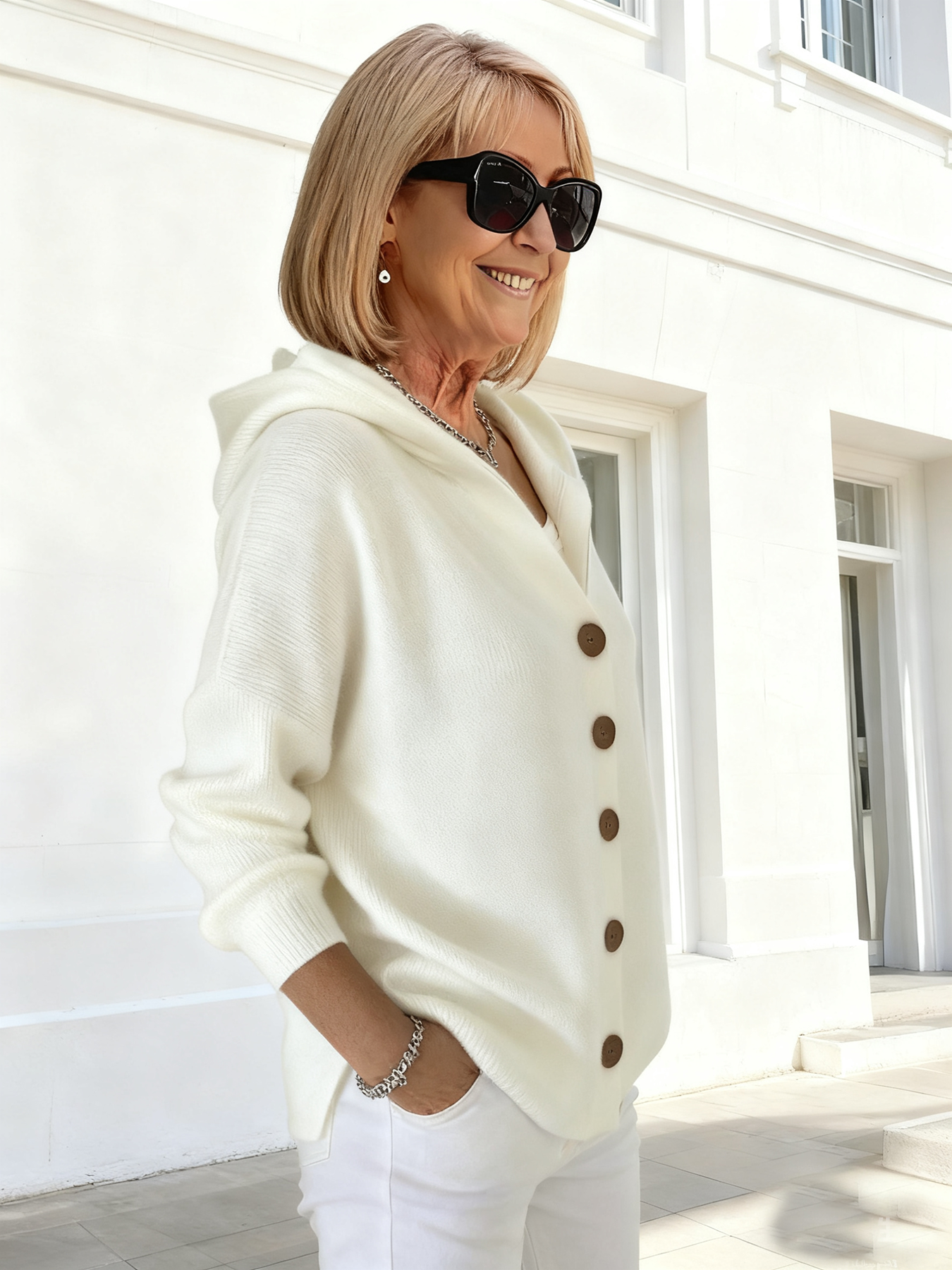 Button Knitted Hooded Sweater Cardigan Jacket Solid Color Casual Fashion Women's Clothing