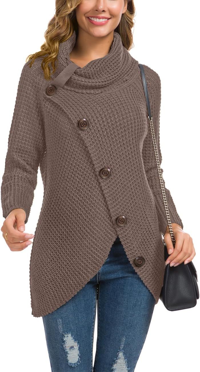 Women's Chunky Turtleneck Long Sleeve Asymmetric Hem Loose Knit Pullover Sweaters