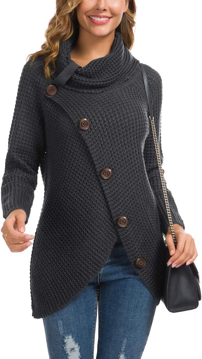 Women's Chunky Turtleneck Long Sleeve Asymmetric Hem Loose Knit Pullover Sweaters