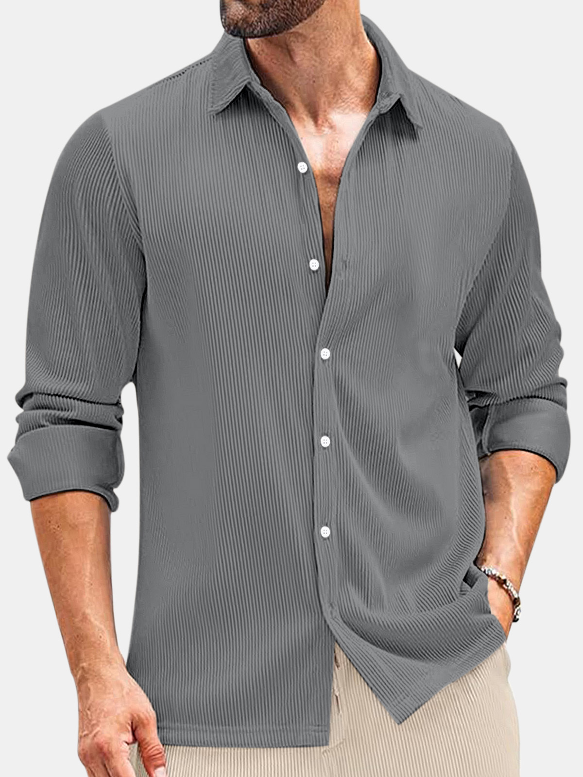Men's Comfortable Solid Color Vertical Stripe Casual Long-sleeved Shirt