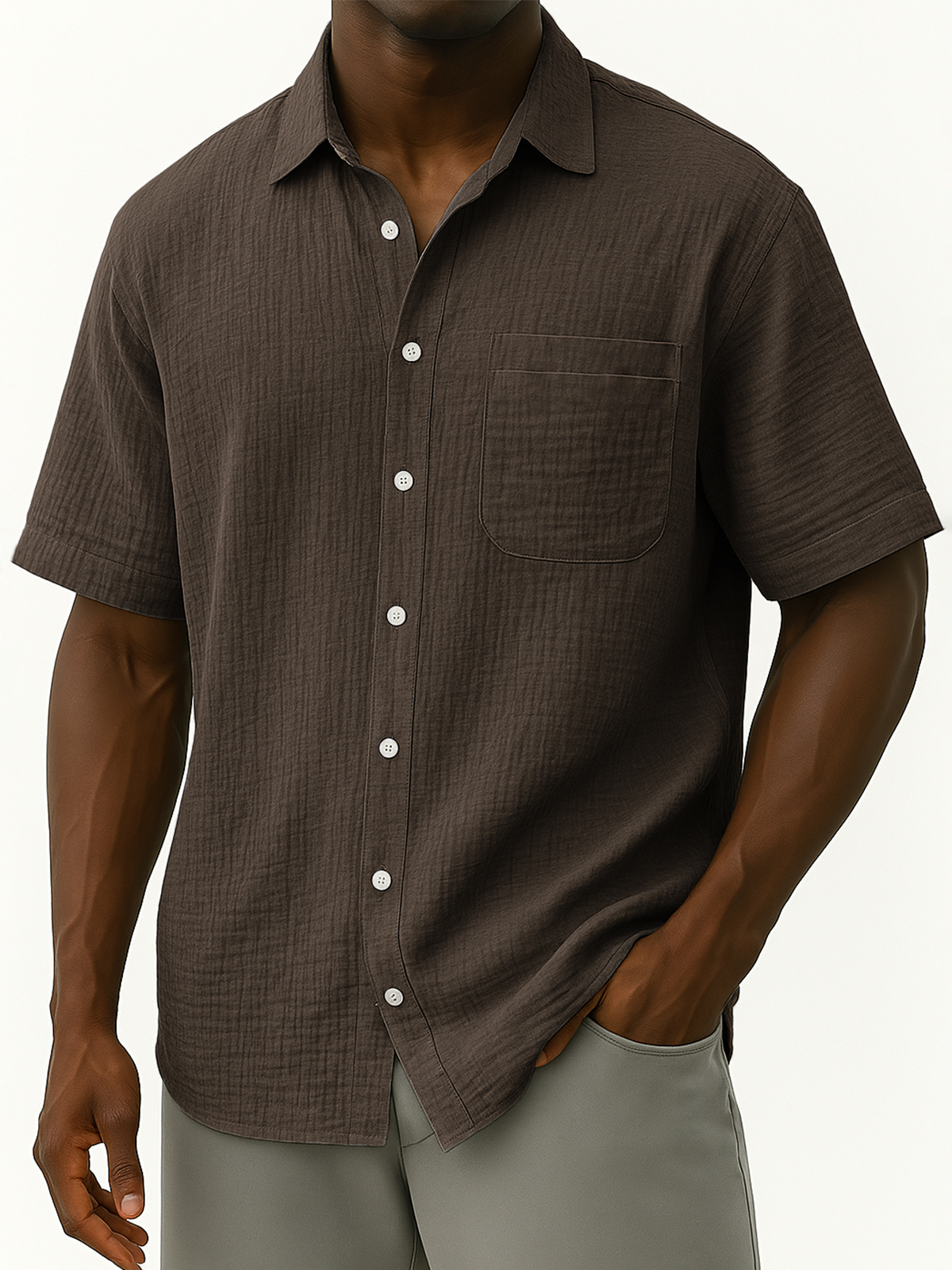Men's Comfortable Crepe Loose Casual Vacation Short Sleeve Shirt with Chest Pocket