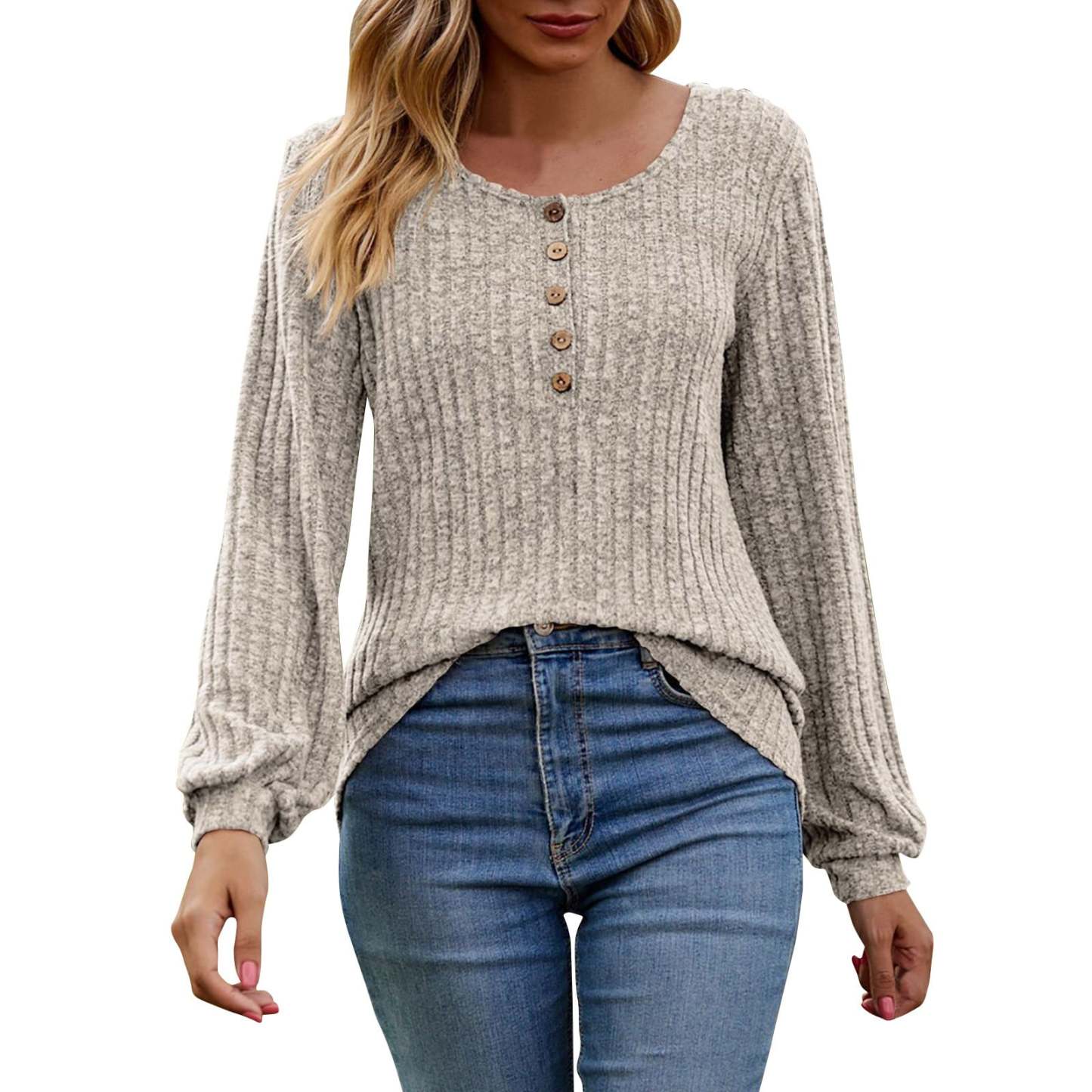 Women's Fall Button Scoop Neck Puff Long Sleeve Henley Shirts