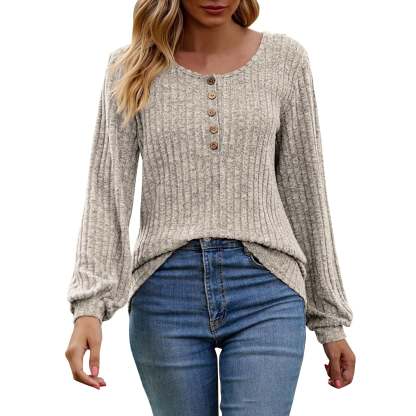 Women's Fall Button Scoop Neck Puff Long Sleeve Henley Shirts