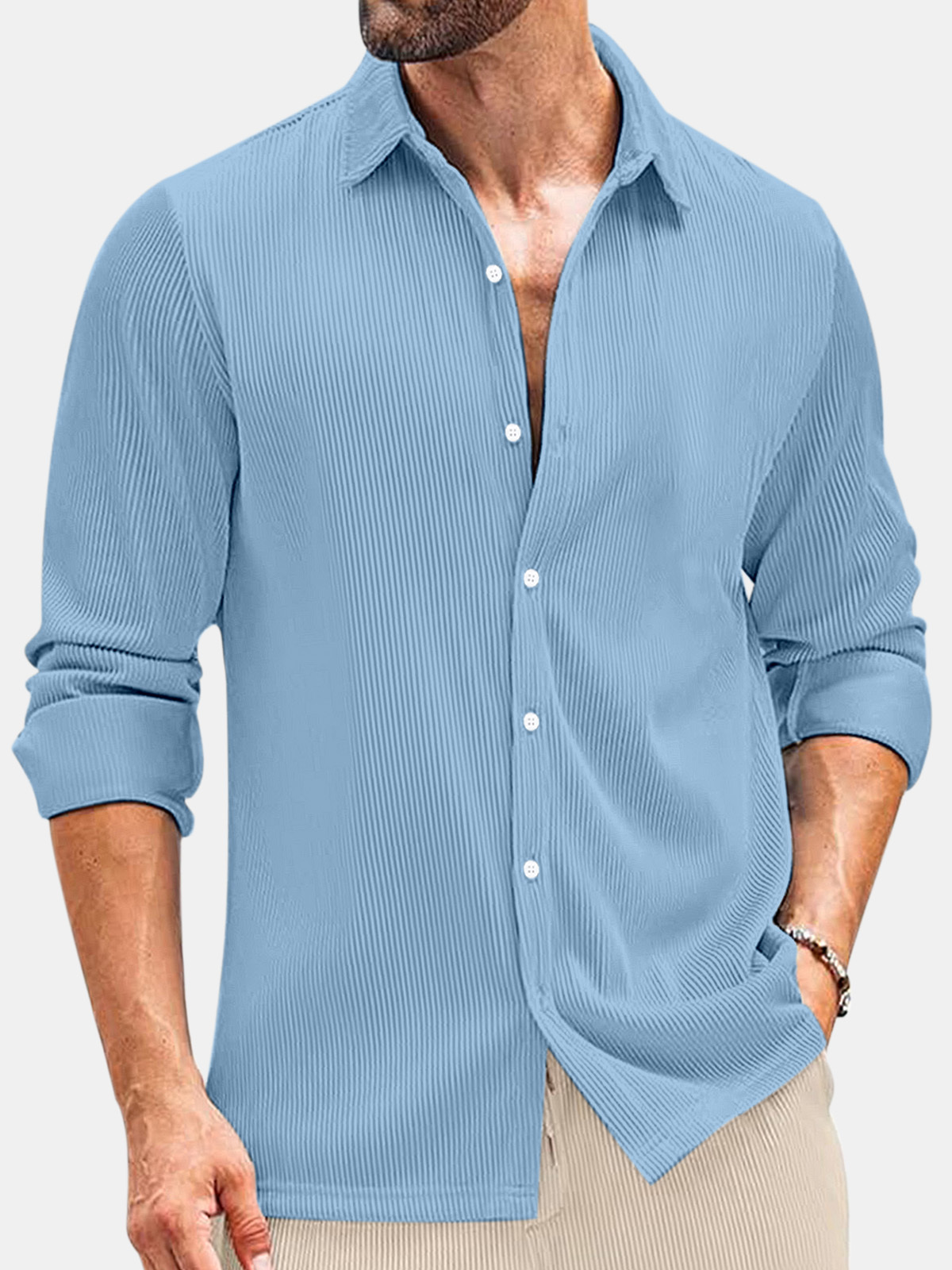 Men's Comfortable Solid Color Vertical Stripe Casual Long-sleeved Shirt