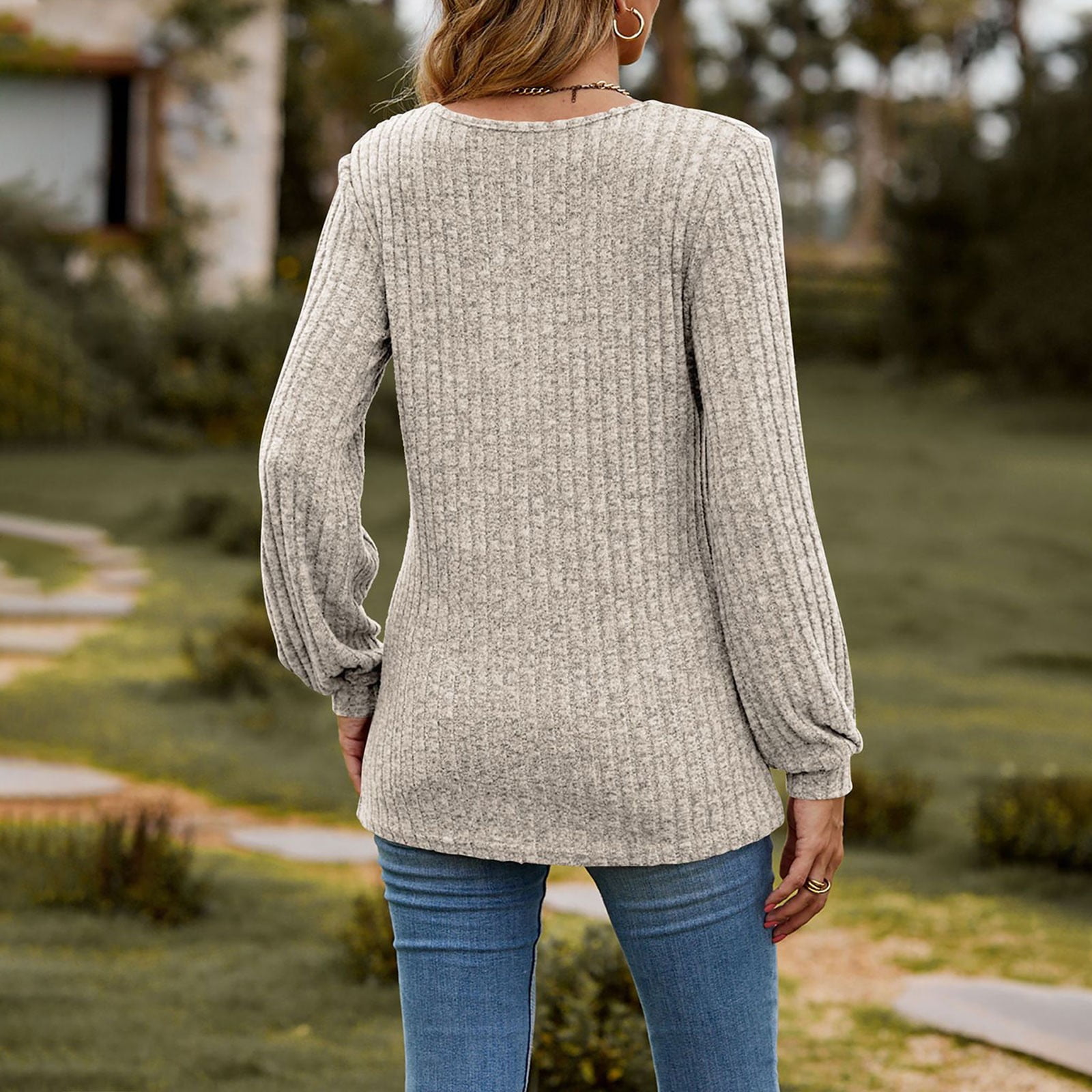 Women's Fall Button Scoop Neck Puff Long Sleeve Henley Shirts