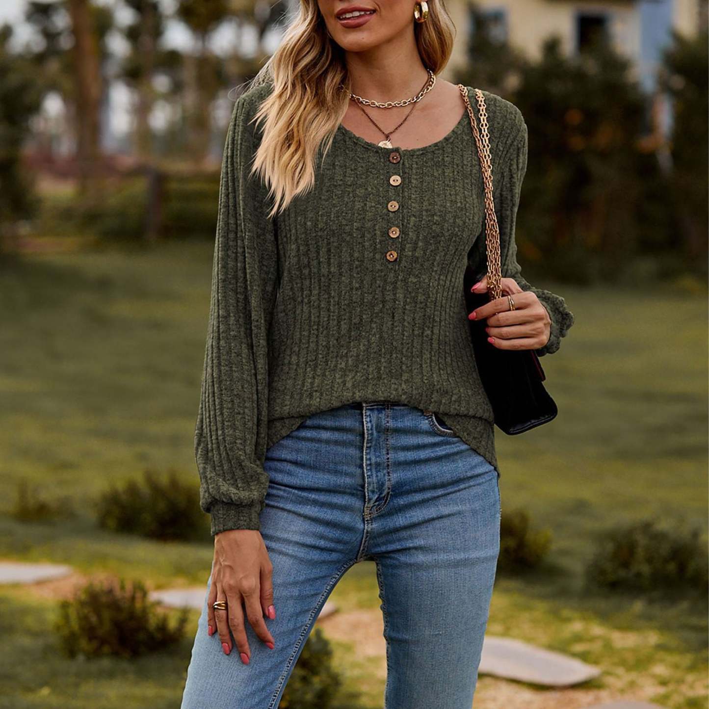 Women's Fall Button Scoop Neck Puff Long Sleeve Henley Shirts