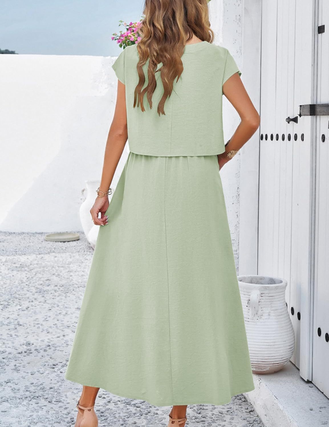 2025 Summer Skirt Sets Women 2 Piece Outfits Cap Sleeve Top Elastic Waist Maxi Dress Sets with Pockets