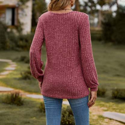 Women's Fall Button Scoop Neck Puff Long Sleeve Henley Shirts