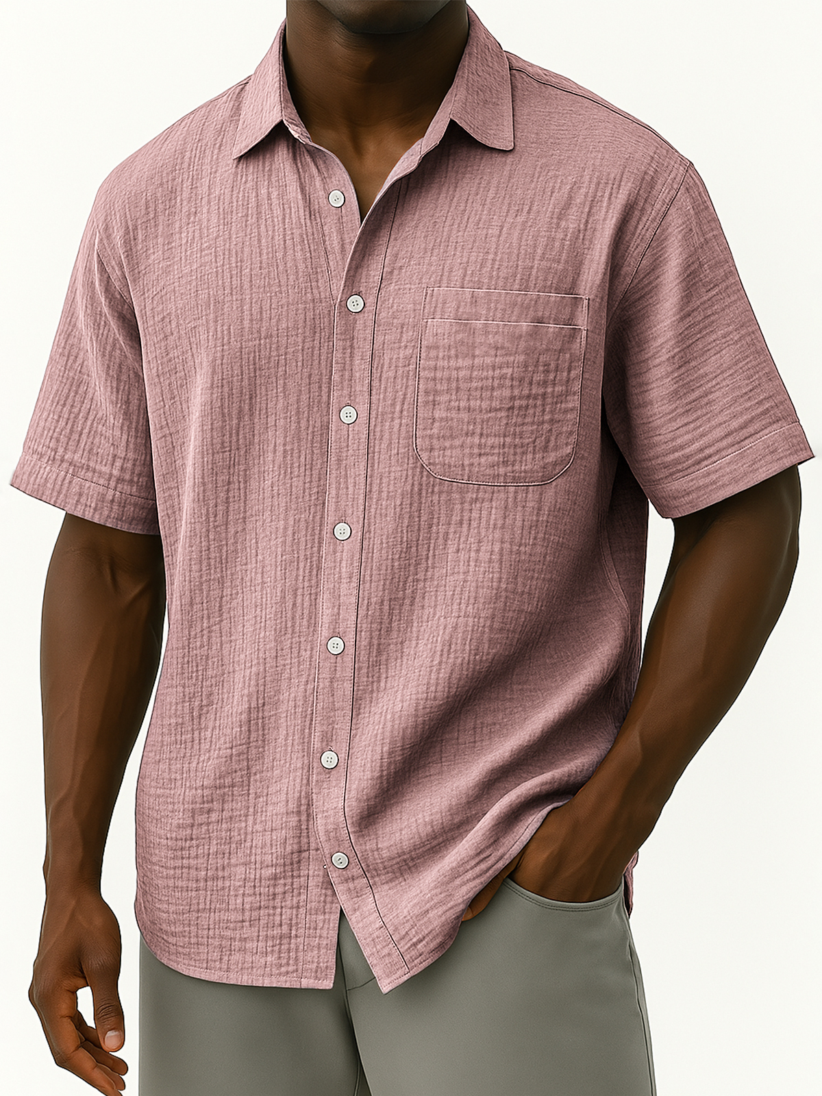 Men's Comfortable Crepe Loose Casual Vacation Short Sleeve Shirt with Chest Pocket