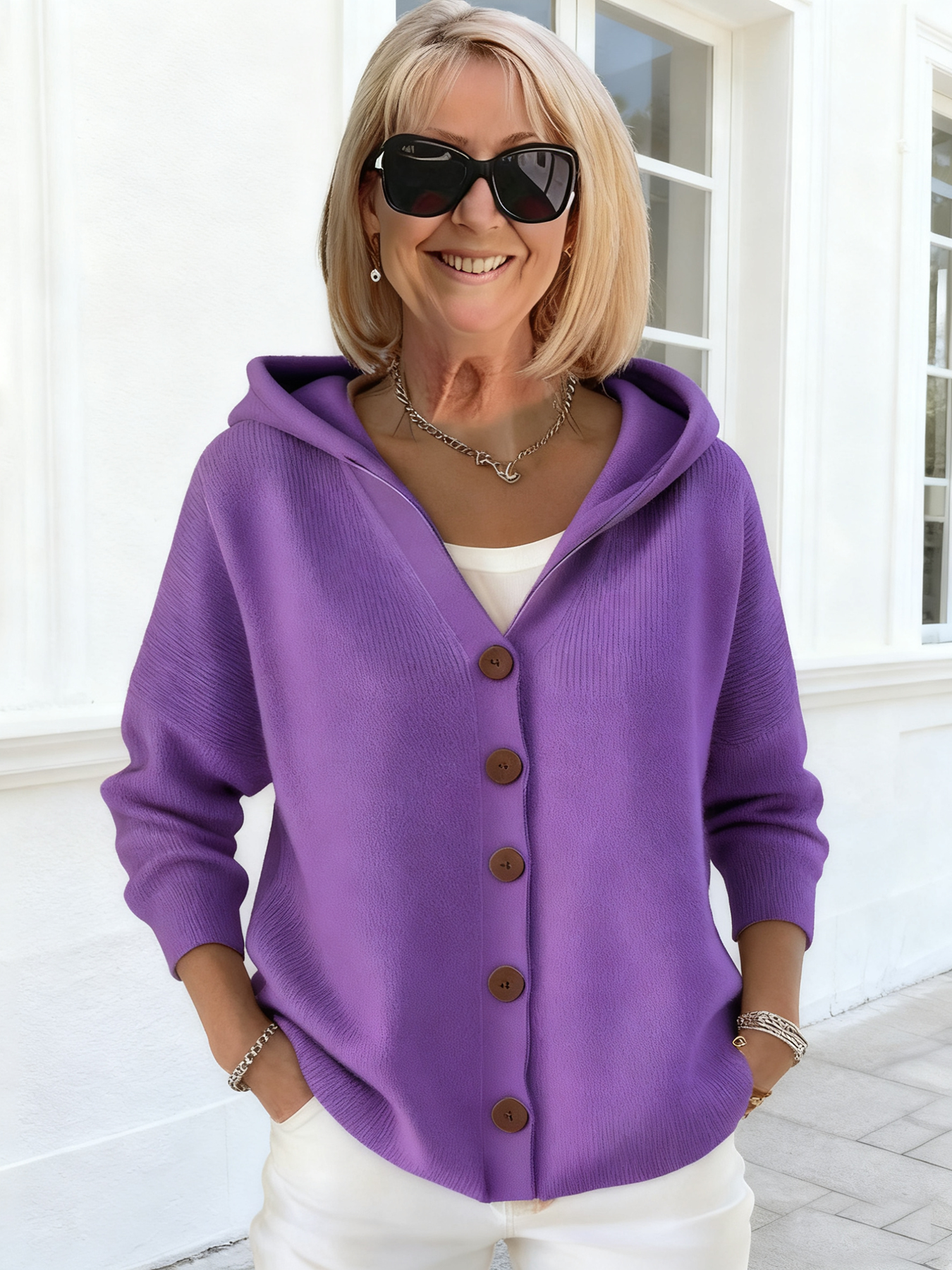 Button Knitted Hooded Sweater Cardigan Jacket Solid Color Casual Fashion Women's Clothing