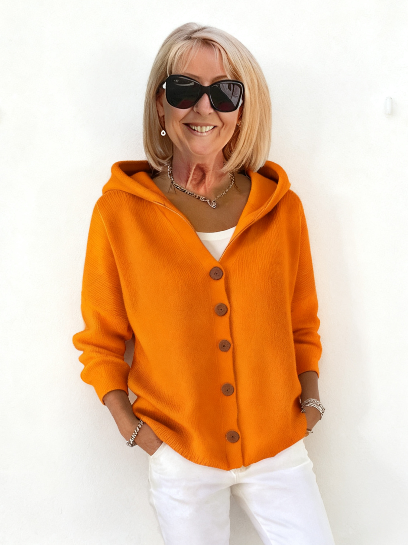 Button Knitted Hooded Sweater Cardigan Jacket Solid Color Casual Fashion Women's Clothing