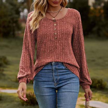 Women's Fall Button Scoop Neck Puff Long Sleeve Henley Shirts